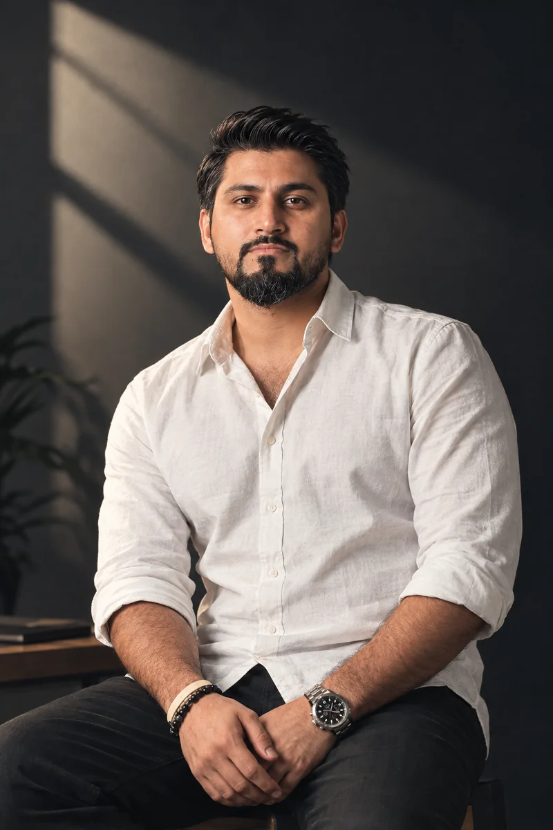 Sabeer Darr, seated, wearing a white linen shirt, in a dark room with diagonal window light behind him.